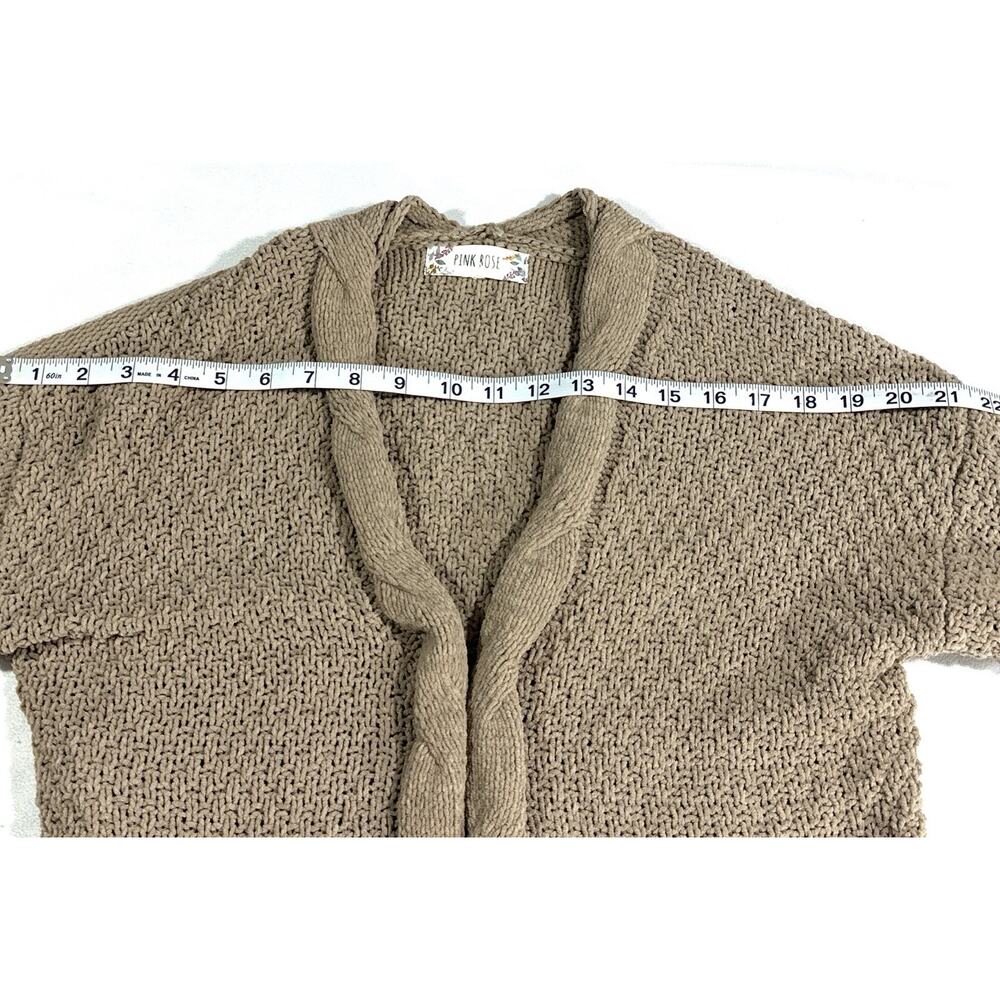 Pink Rose Beige Cable Knit Cardigan Sweater Small Open Front Longline Pockets - Picture 8 of 13